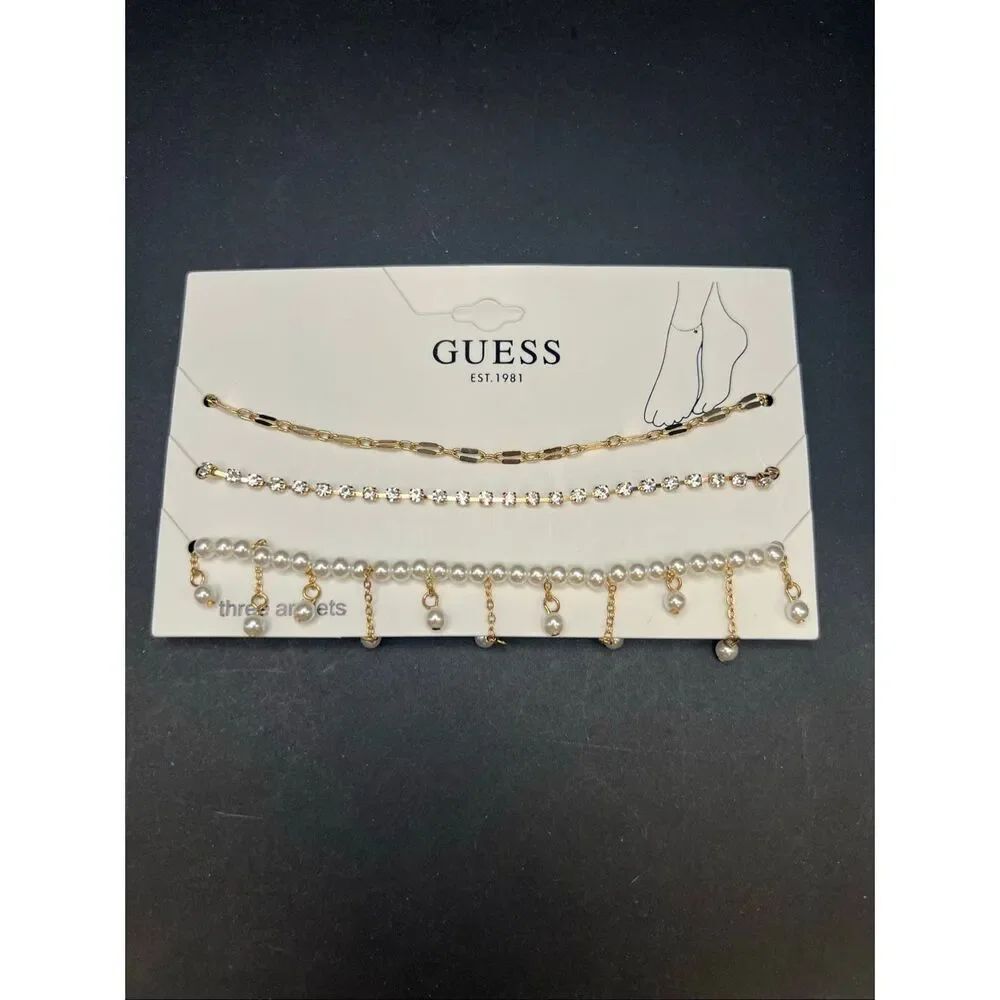 GUESS Gold Tone White Faux Pearl Rhinestone Mixed 3 Piece Anklet Set